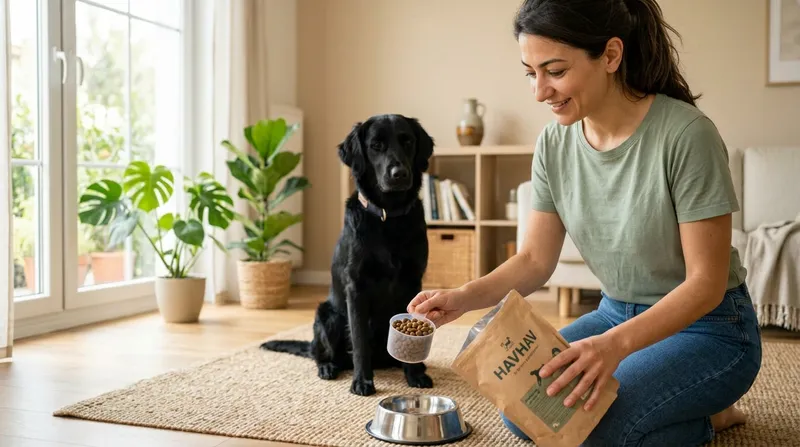 Köpeğine ölçülü porsiyon hazırlayan kadın ve siyah Golden Retriever