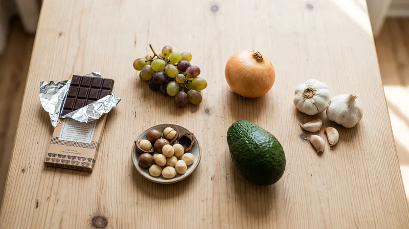 Ahşap masada çikolata, üzüm, soğan, sarımsak, avokado ve makademya fıstığı