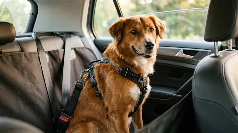 Köpek arabada emniyet kemeri adaptörüyle güvenli şekilde bağlı