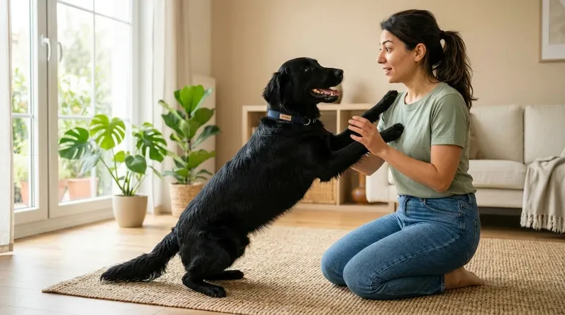 Köpek sahibinin üzerine atlıyor